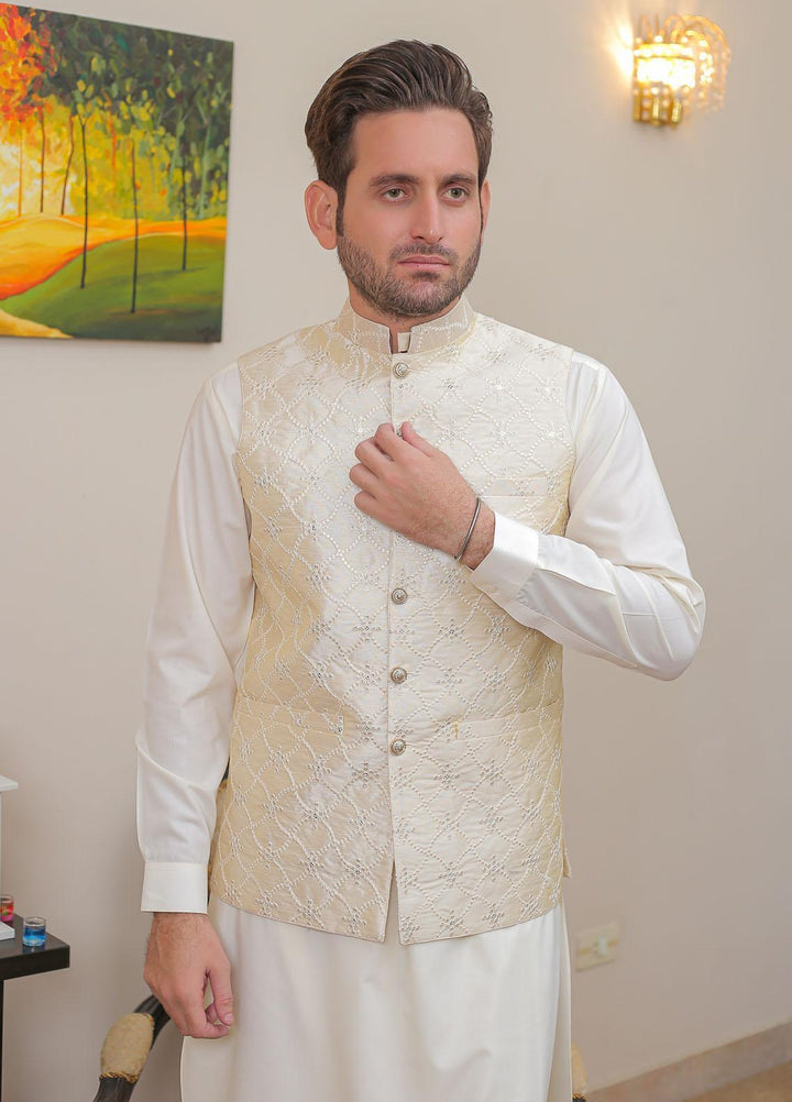Real Image Raw Silk Formal Waistcoat for Men -  OW - 016 Pearl Cream