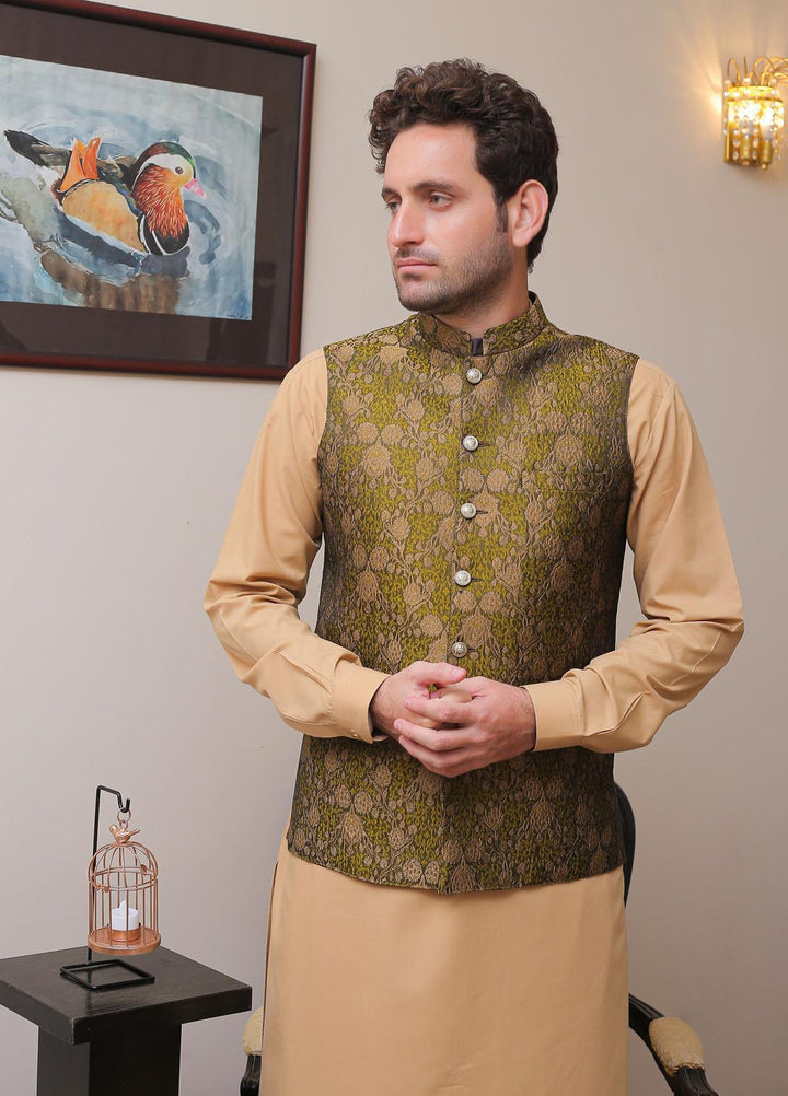 Real Image Jamawar Formal Waistcoat for Men -  OWP - 006 Green