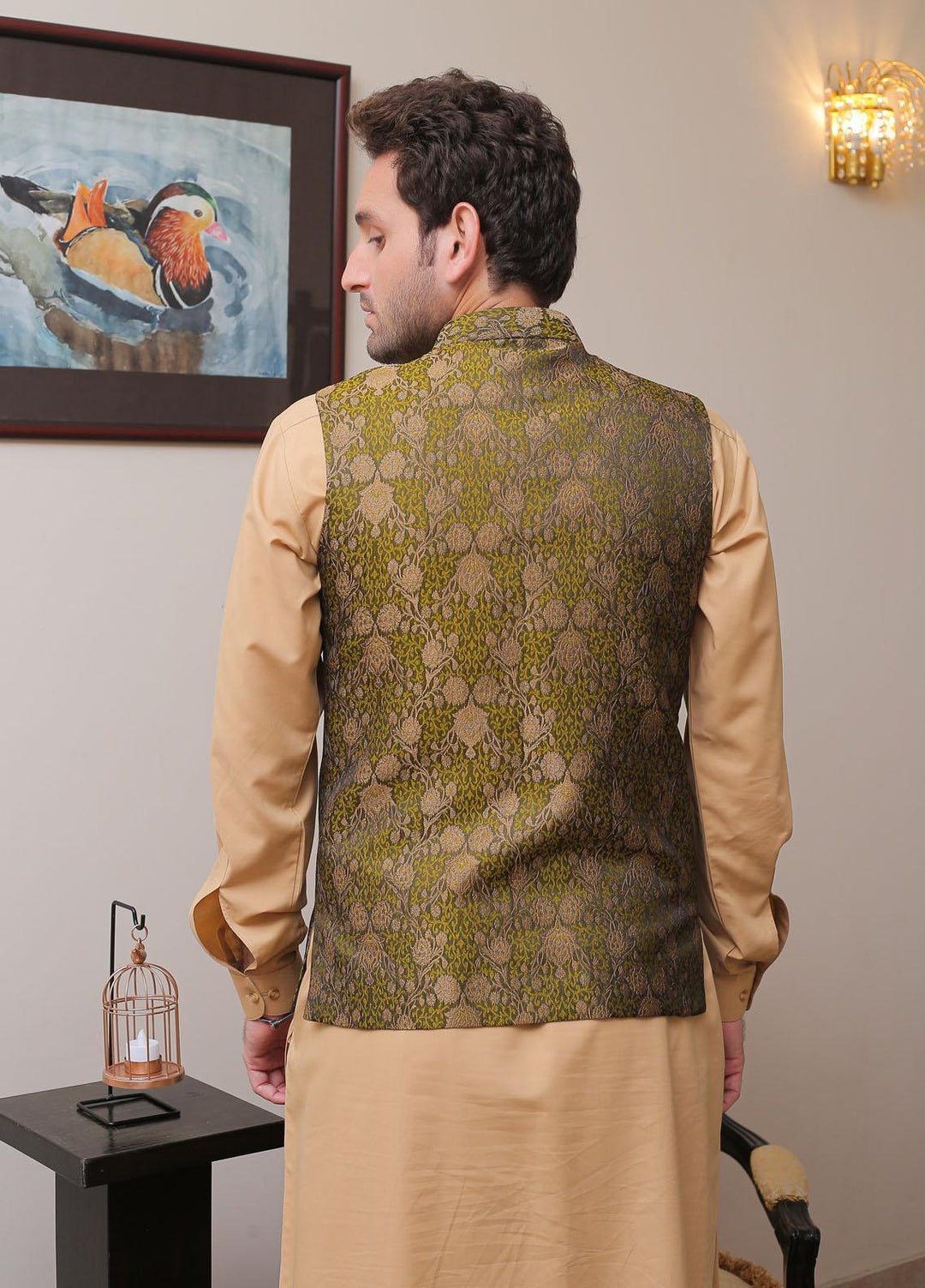 Real Image Jamawar Formal Waistcoat for Men -  OWP - 006 Green