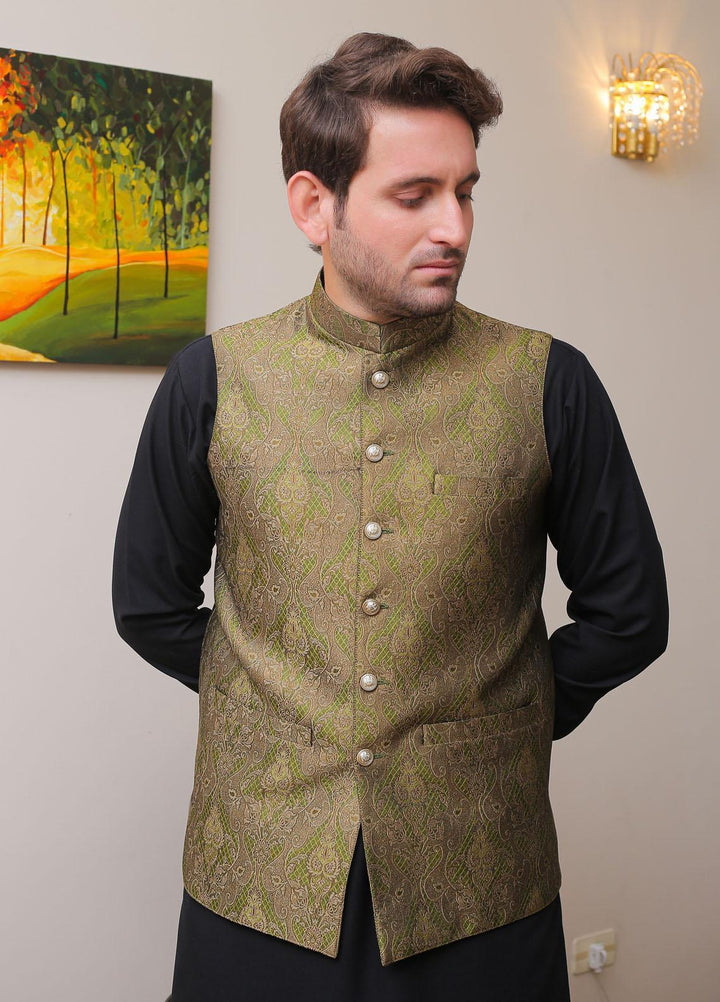Real Image Jamawar Formal Waistcoat for Men -  OWP - 010 Green Brown