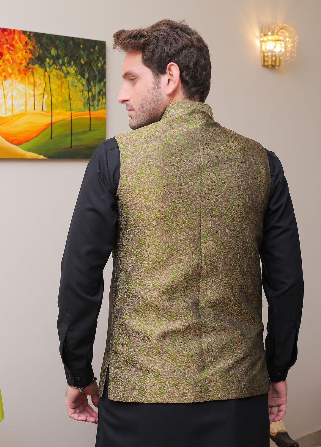 Real Image Jamawar Formal Waistcoat for Men -  OWP - 010 Green Brown