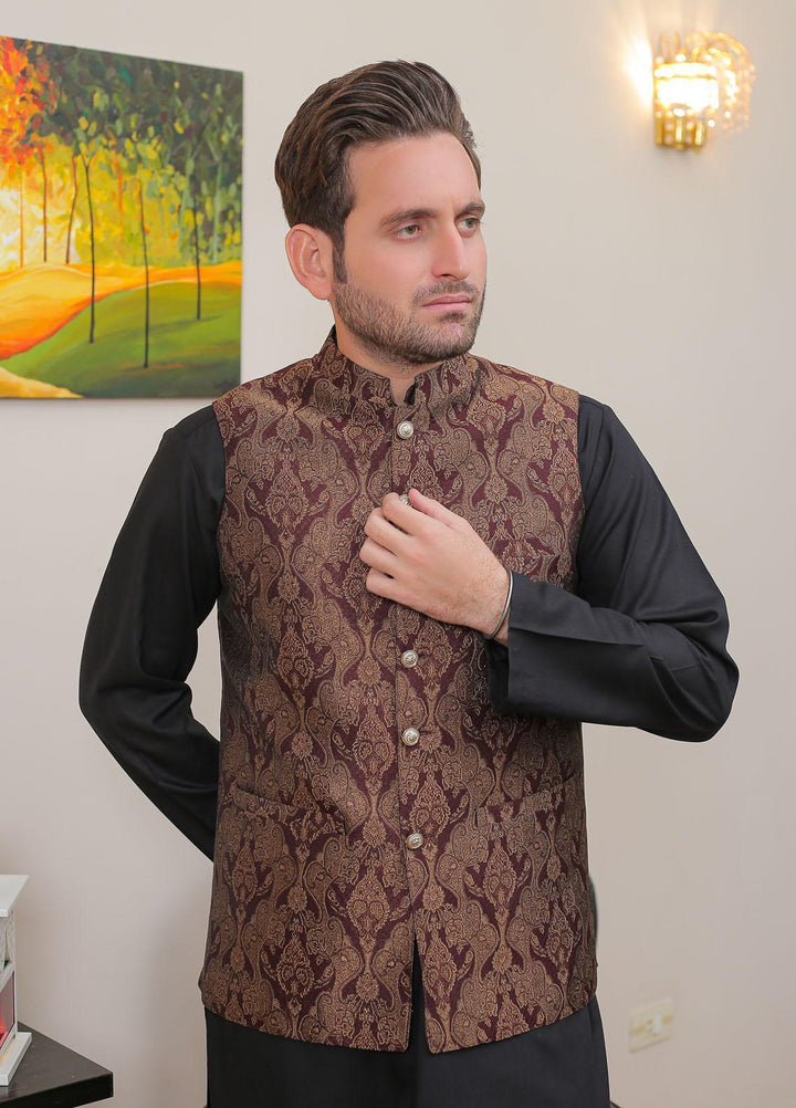 Real Image Jamawar Formal Waistcoat for Men -  OWP - 020 Maroon Blk