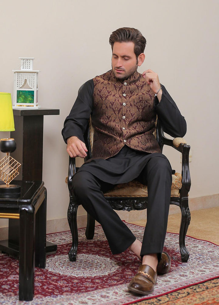 Real Image Jamawar Formal Waistcoat for Men -  OWP - 020 Maroon Blk
