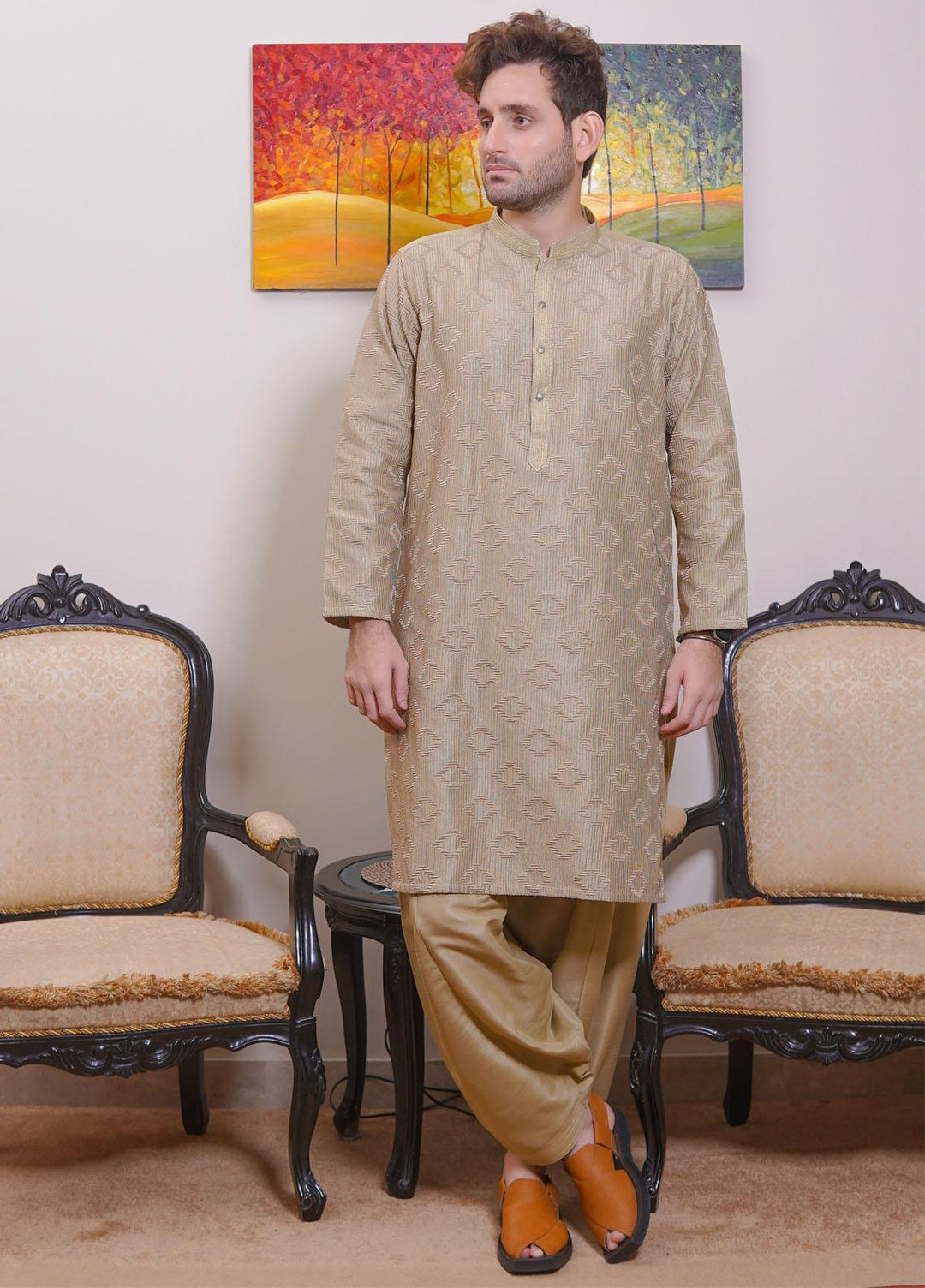 Real Image Wash N Wear Formal Kameez Shalwar for Men -  D-489 Fawn