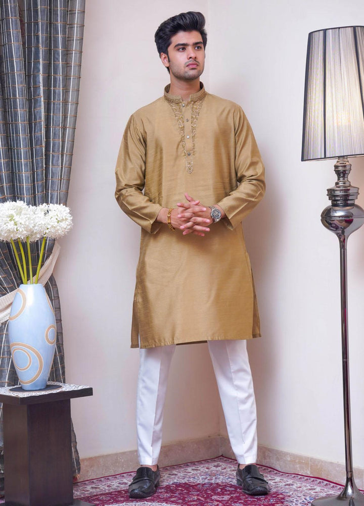 Real Image Raw Silk Formal Kurta for Men -  D-488 Mehndi