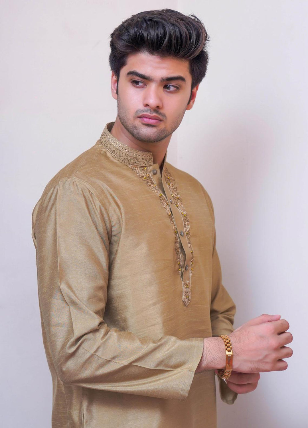 Real Image Raw Silk Formal Kurta for Men -  D-488 Mehndi