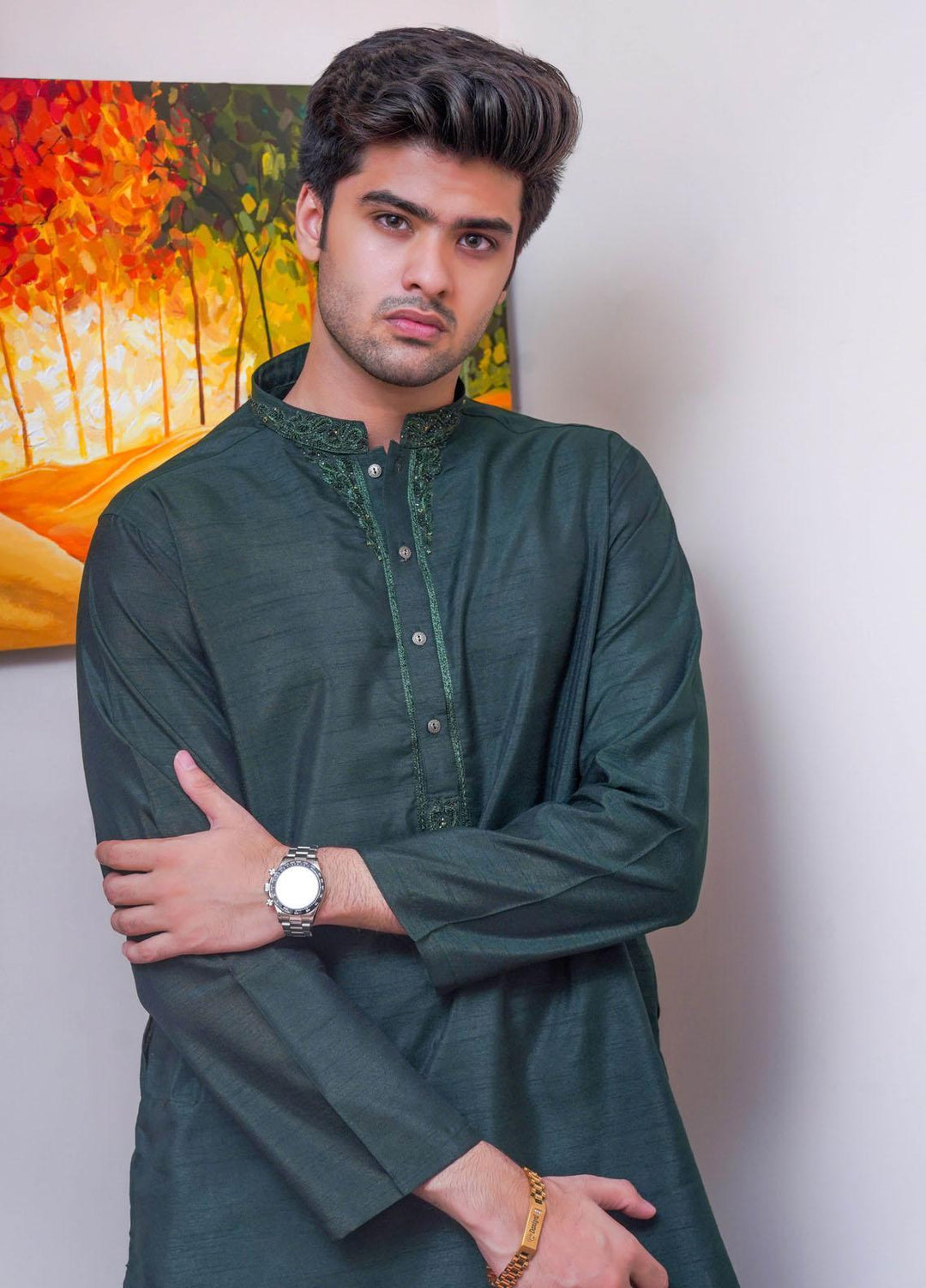 Real Image Raw Silk Formal Men Kurta Pajama -  D-485 Green