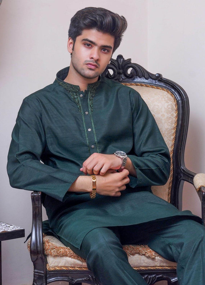 Real Image Raw Silk Formal Men Kurta Pajama -  D-485 Green