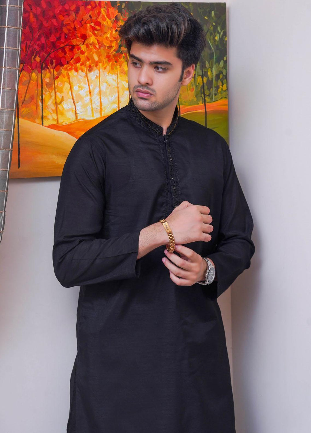 Buy Real Image Raw Silk Formal Kurta Pajama for Men D-515 Black