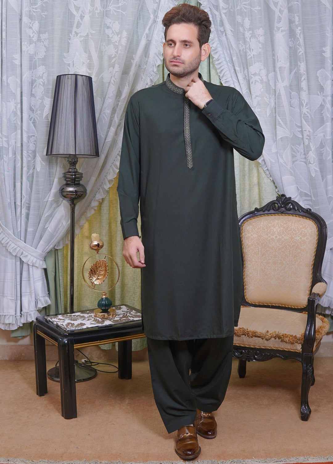 Real Image Wash N Wear Formal Kameez Shalwar for Men -  D-501 Green