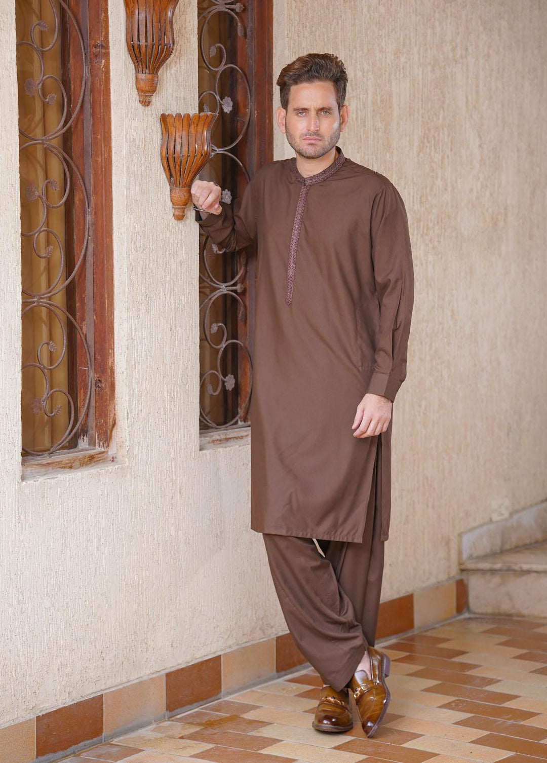 Real Image Wash N Wear Formal Kameez Shalwar for Men -  D-502 Brown