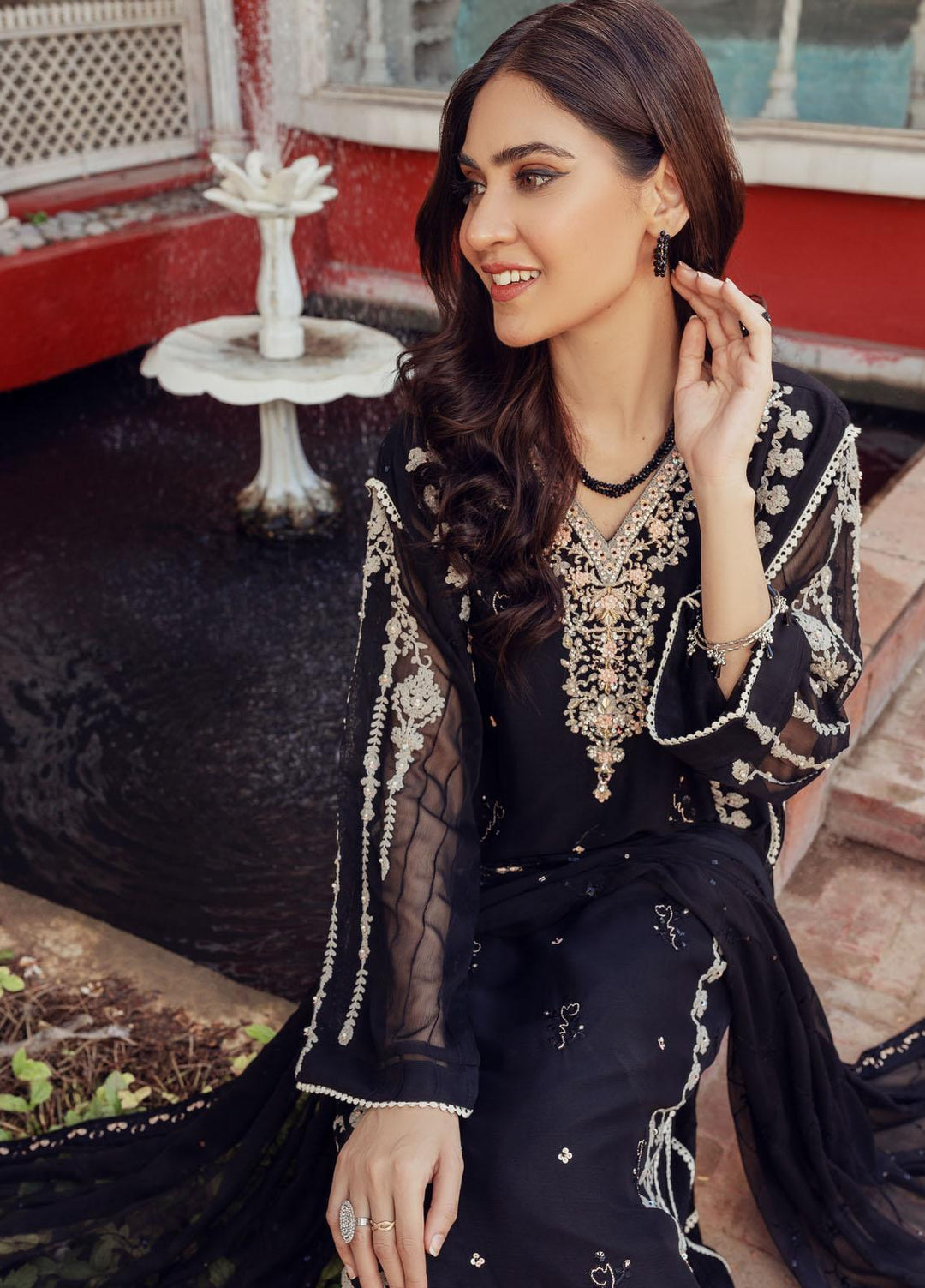 Shamooz Luxury Pret  Chiffon 3 Piece Suit Midnight Black SEM-0431