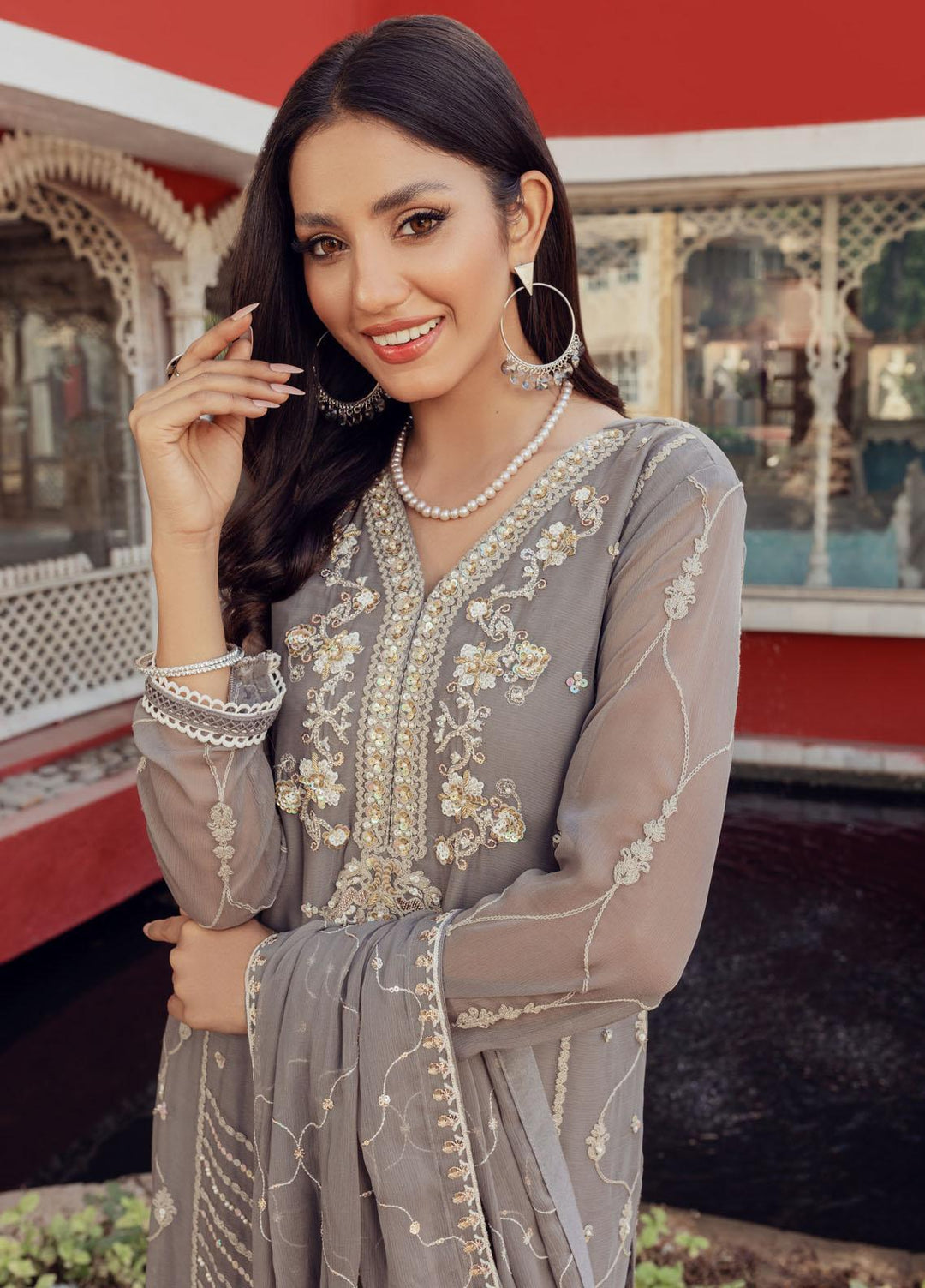 Shamooz Luxury Pret  Chiffon 3 Piece Suit Spanish Grey SEM-0430