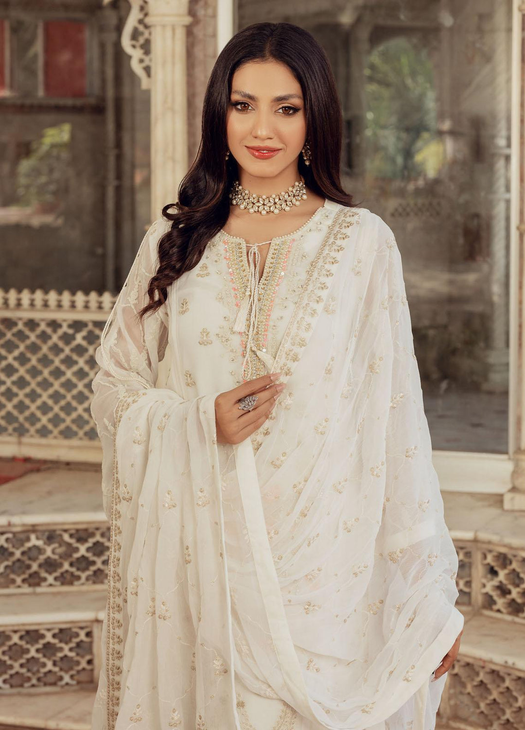 Shamooz Luxury Pret  Chiffon 3 Piece Suit White Tales SEM-0423