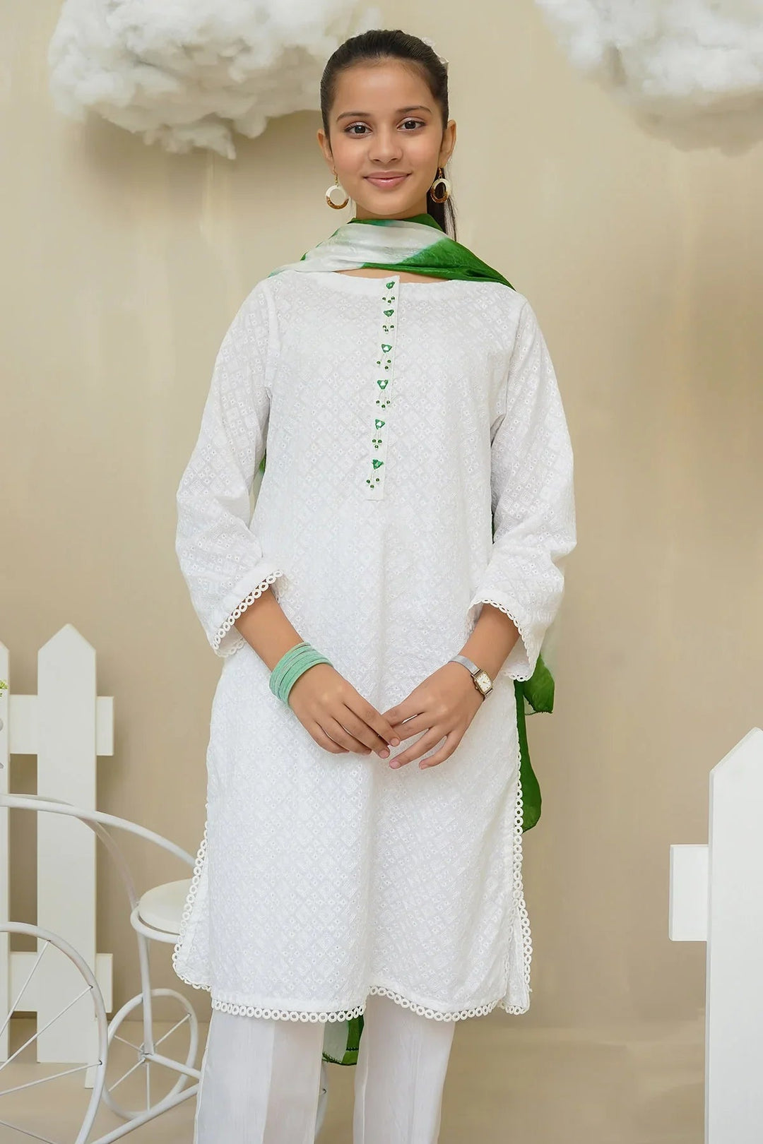 Ochre RTW Embroidered Girls 3 Piece Cotton Hand Adda Work OFW-COR-66 - Summer Collection