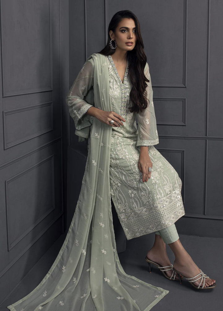 Shamooz Pret Embroidered Khaadi Net 3 Piece Suit SEM-0538 Green Olive