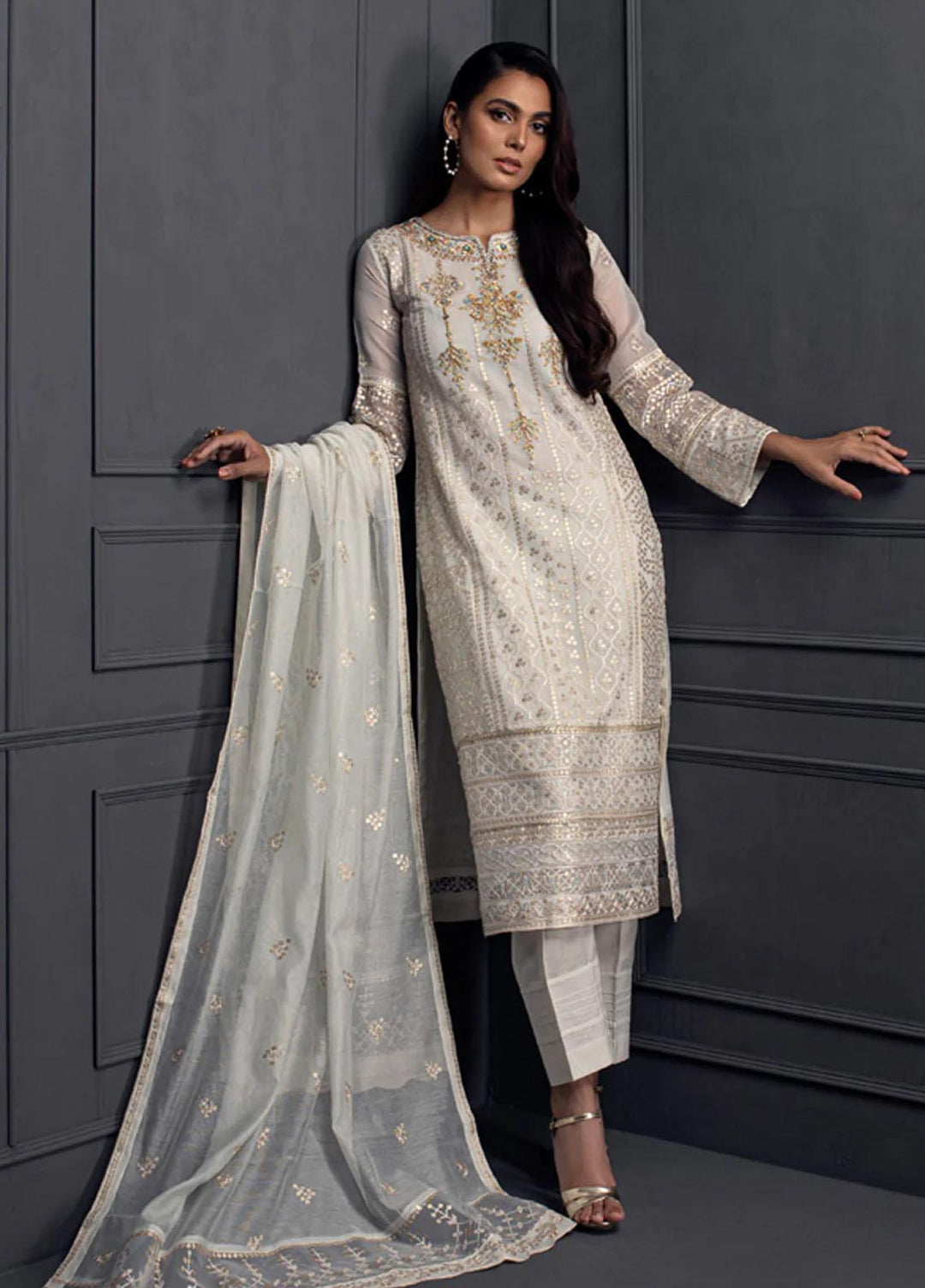 Shamooz Pret Embroidered Khaadi Net 3 Piece Suit SEM-0540 White Tulip
