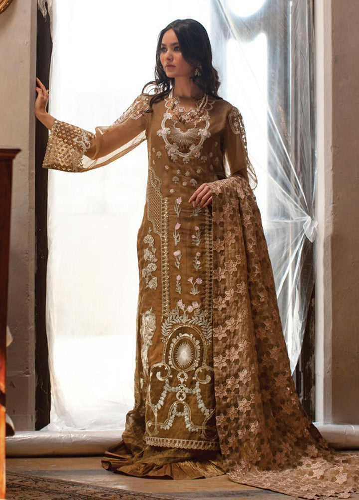 Rouche Embroidered Organza Suits Unstitched 3 Piece RCH21L 03-Brown - Luxury Collection