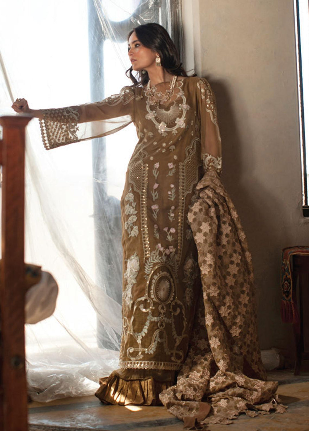 Rouche Embroidered Organza Suits Unstitched 3 Piece RCH21L 03-Brown - Luxury Collection