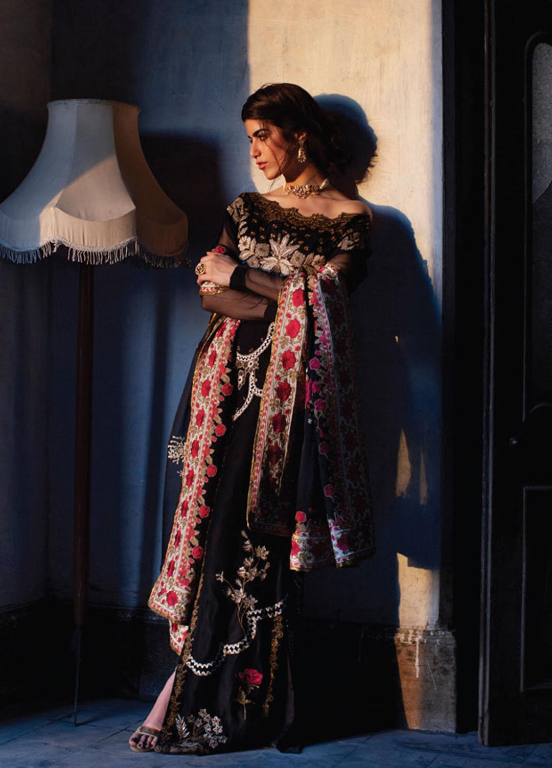 Rouche Embroidered Organza Suits Unstitched 3 Piece RCH21L 06-Black - Luxury Collection