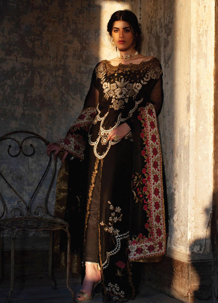Rouche Embroidered Organza Suits Unstitched 3 Piece RCH21L 06-Black - Luxury Collection