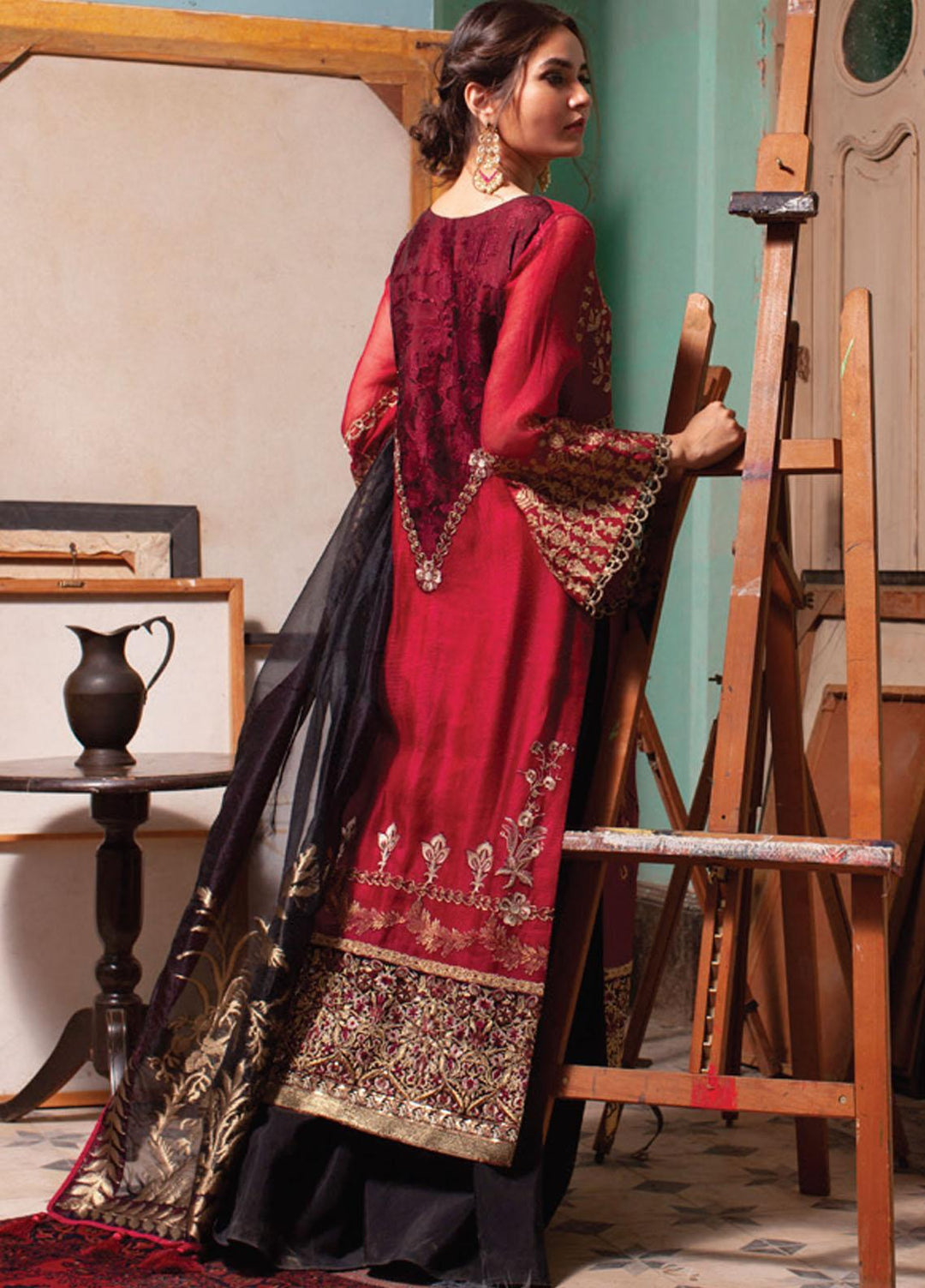 Rouche Embroidered Organza Suits Unstitched 3 Piece RCH21L 07-Red - Luxury Collection