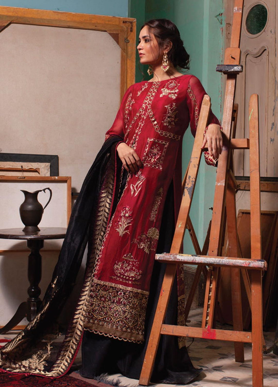 Rouche Embroidered Organza Suits Unstitched 3 Piece RCH21L 07-Red - Luxury Collection