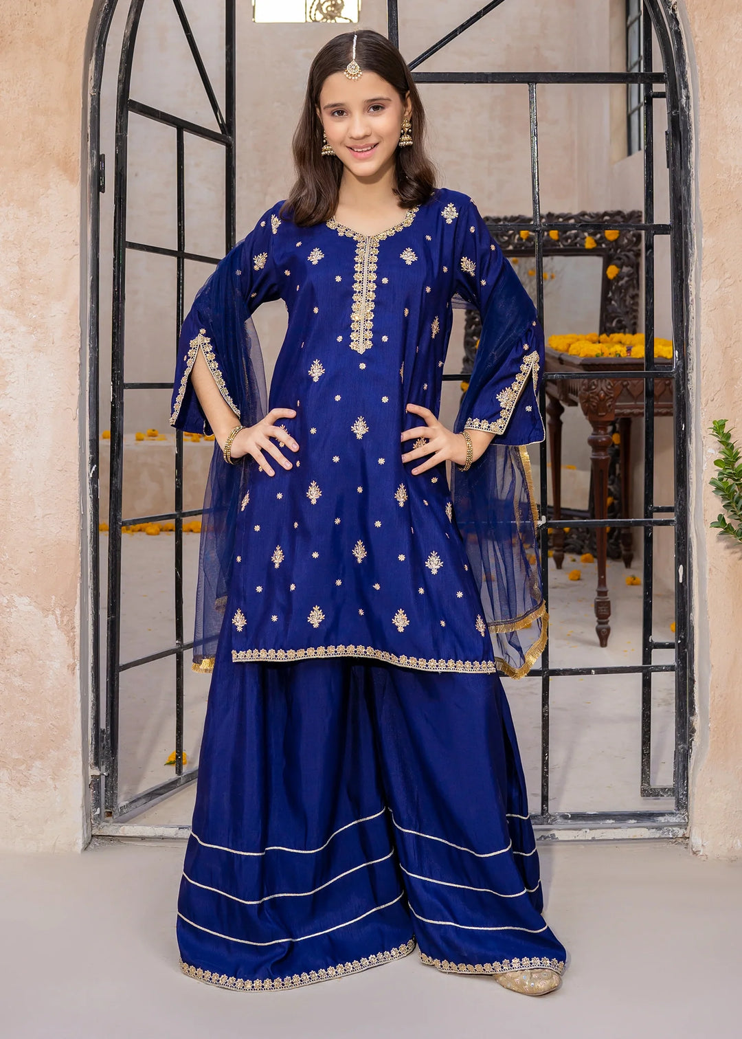 Modest Girls RTW Embroidered Silk 3 Piece Suit Blue Gharara Wedding Collection