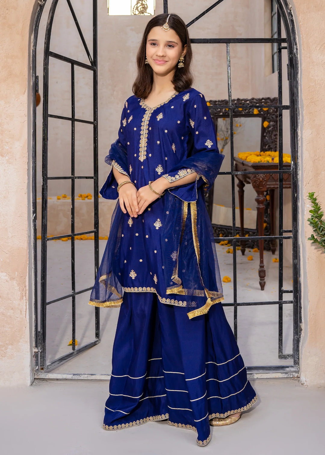 Modest Girls RTW Embroidered Silk 3 Piece Suit Blue Gharara Wedding Collection