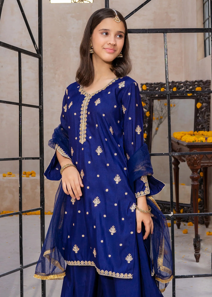 Modest Girls RTW Embroidered Silk 3 Piece Suit Blue Gharara Wedding Collection