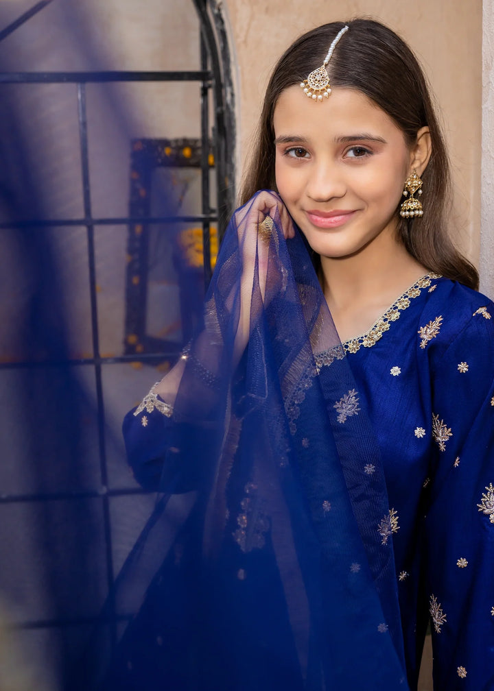 Modest Girls RTW Embroidered Silk 3 Piece Suit Blue Gharara Wedding Collection