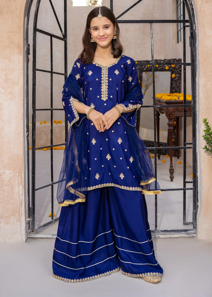 Modest Girls RTW Embroidered Silk 3 Piece Suit Blue Gharara Wedding Collection