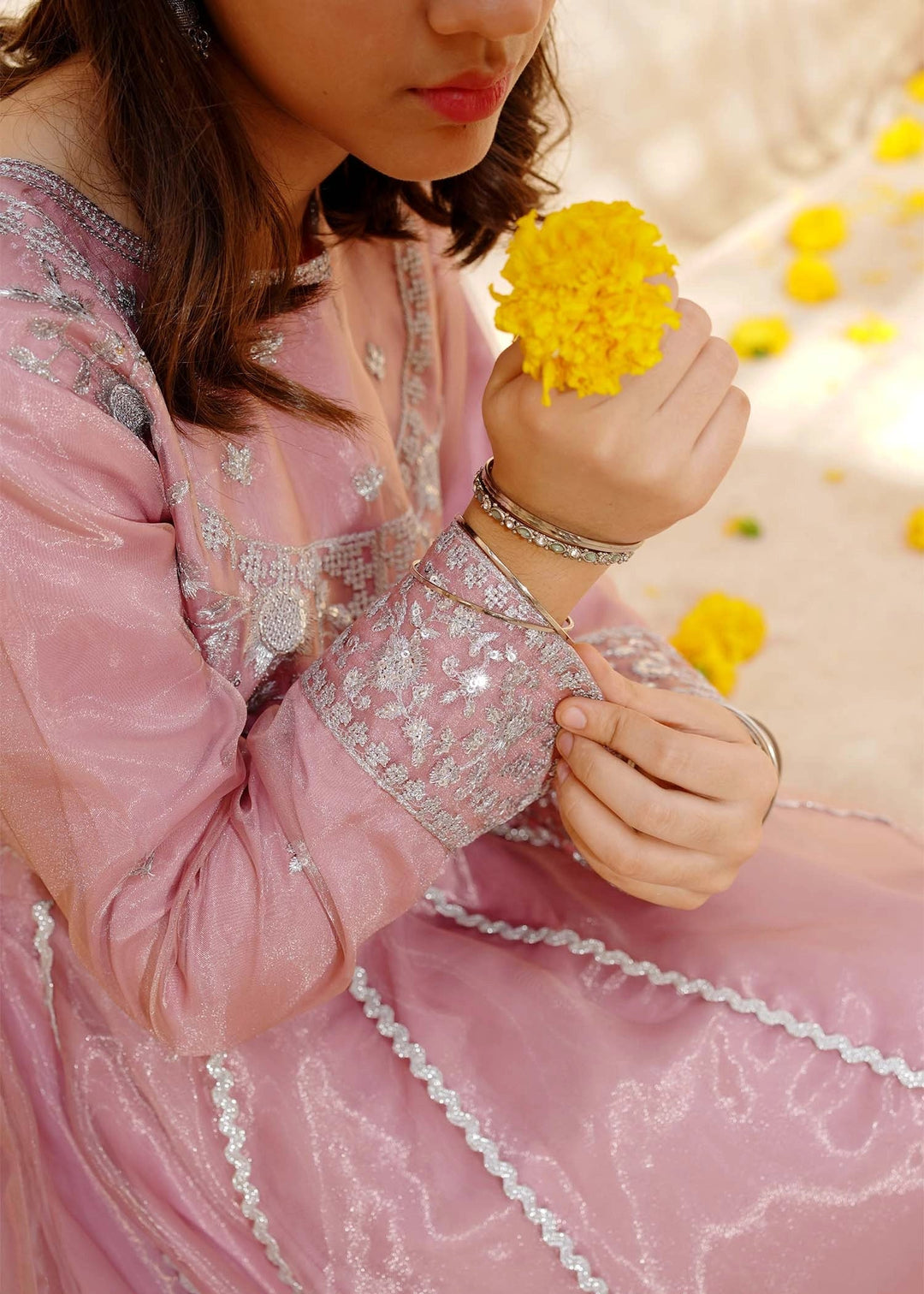 Modest Girls RTW Embroidered Tissue 3 Piece Suit Pink Frock Wedding Collection