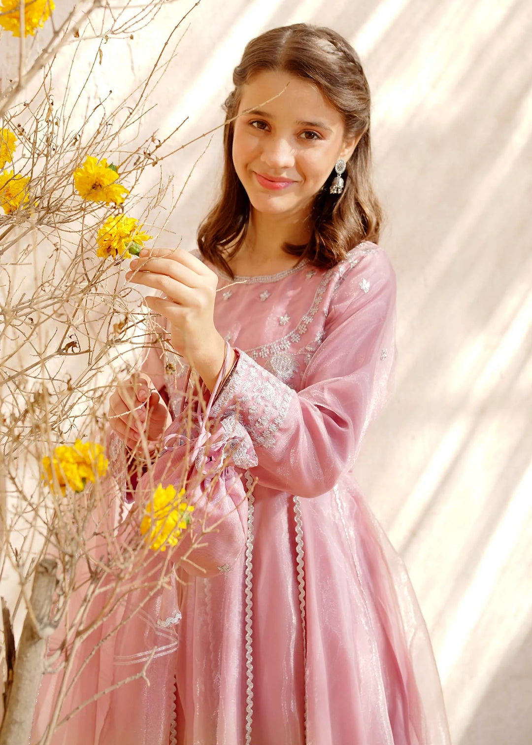 Modest Girls RTW Embroidered Tissue 3 Piece Suit Pink Frock Wedding Collection