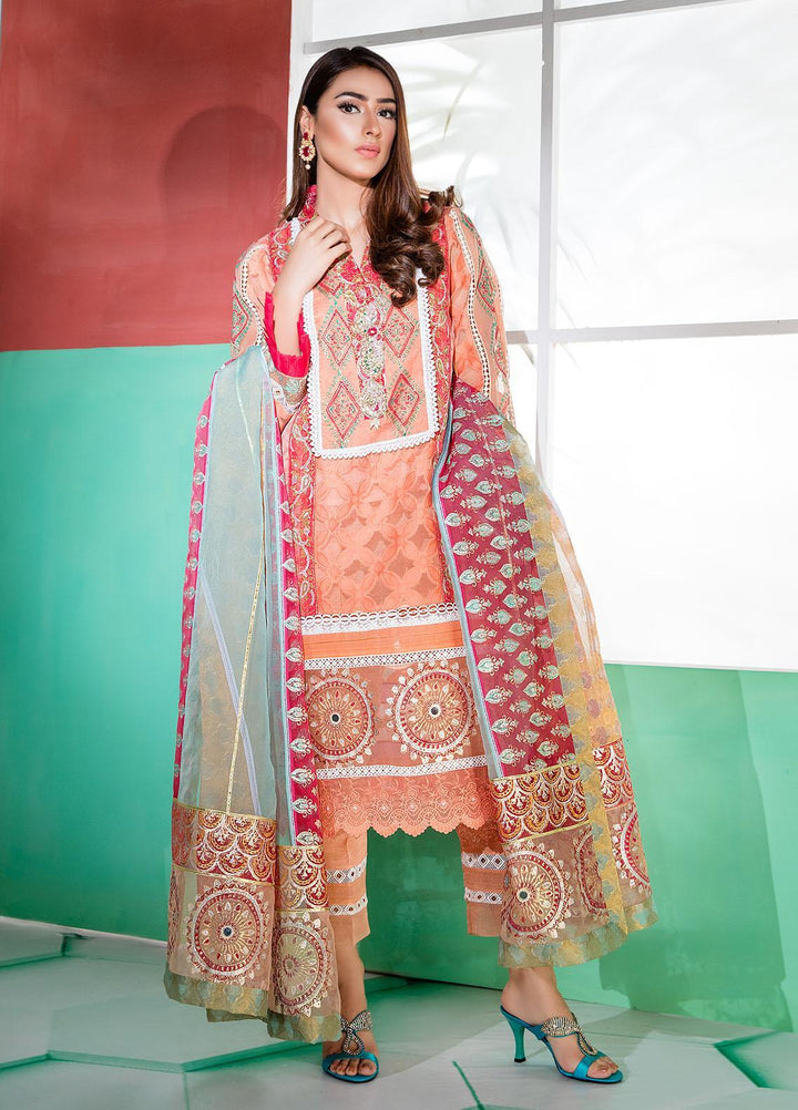 Sadya Sumair Luxury Pret  Organza 3 Piece Dress SS21N Peach Block Print
