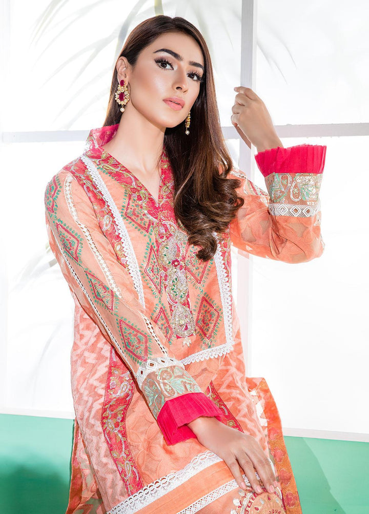 Sadya Sumair Luxury Pret  Organza 3 Piece Dress SS21N Peach Block Print