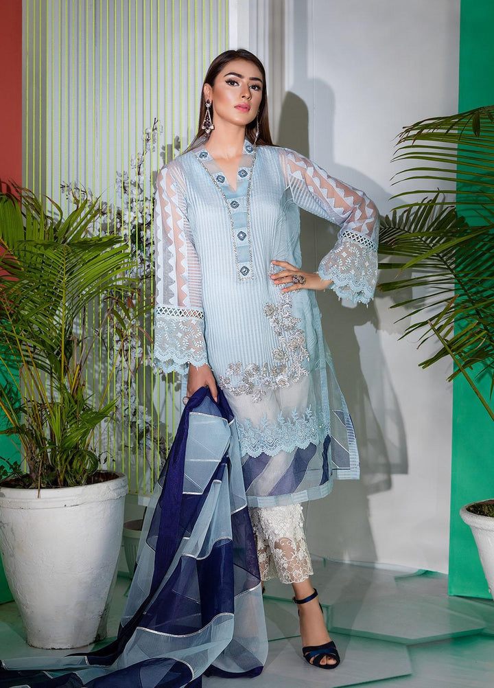 Sadya Sumair Luxury Pret  Organza 3 Piece Dress SS21N Sky Blue