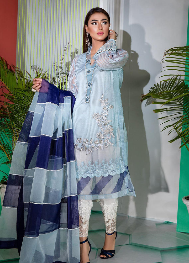 Sadya Sumair Luxury Pret  Organza 3 Piece Dress SS21N Sky Blue