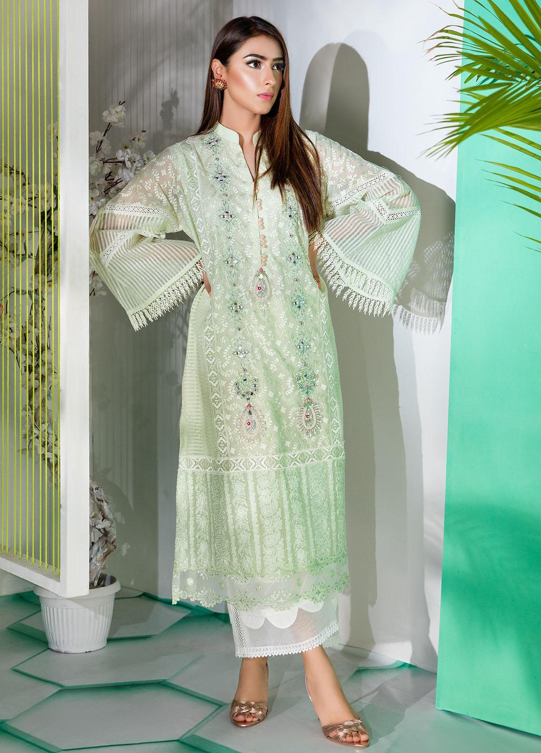 Sadya Sumair Luxury Pret  Organza 3 Piece Dress SS21N Mint Green