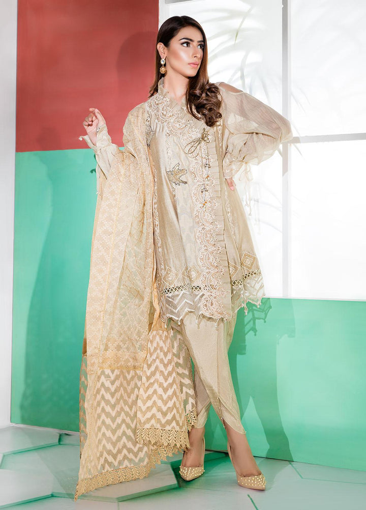 Sadya Sumair Luxury Pret  Organza 3 Piece Dress SS21N Beige Angrakha