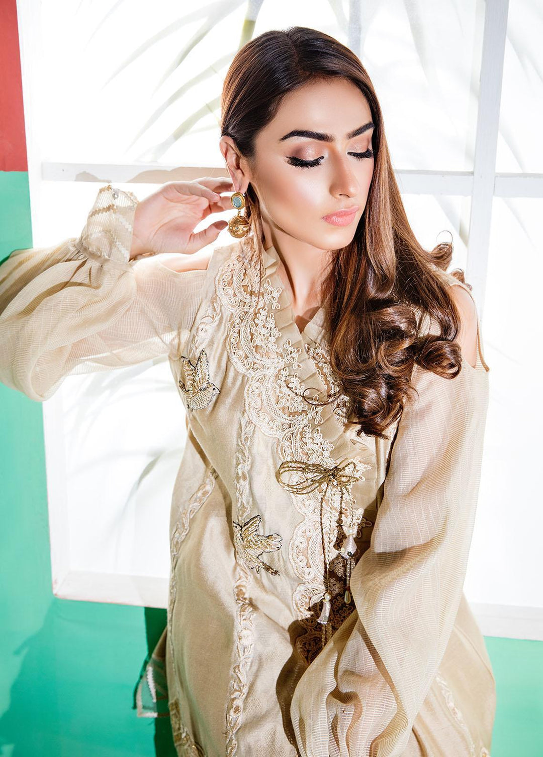 Sadya Sumair Luxury Pret  Organza 3 Piece Dress SS21N Beige Angrakha