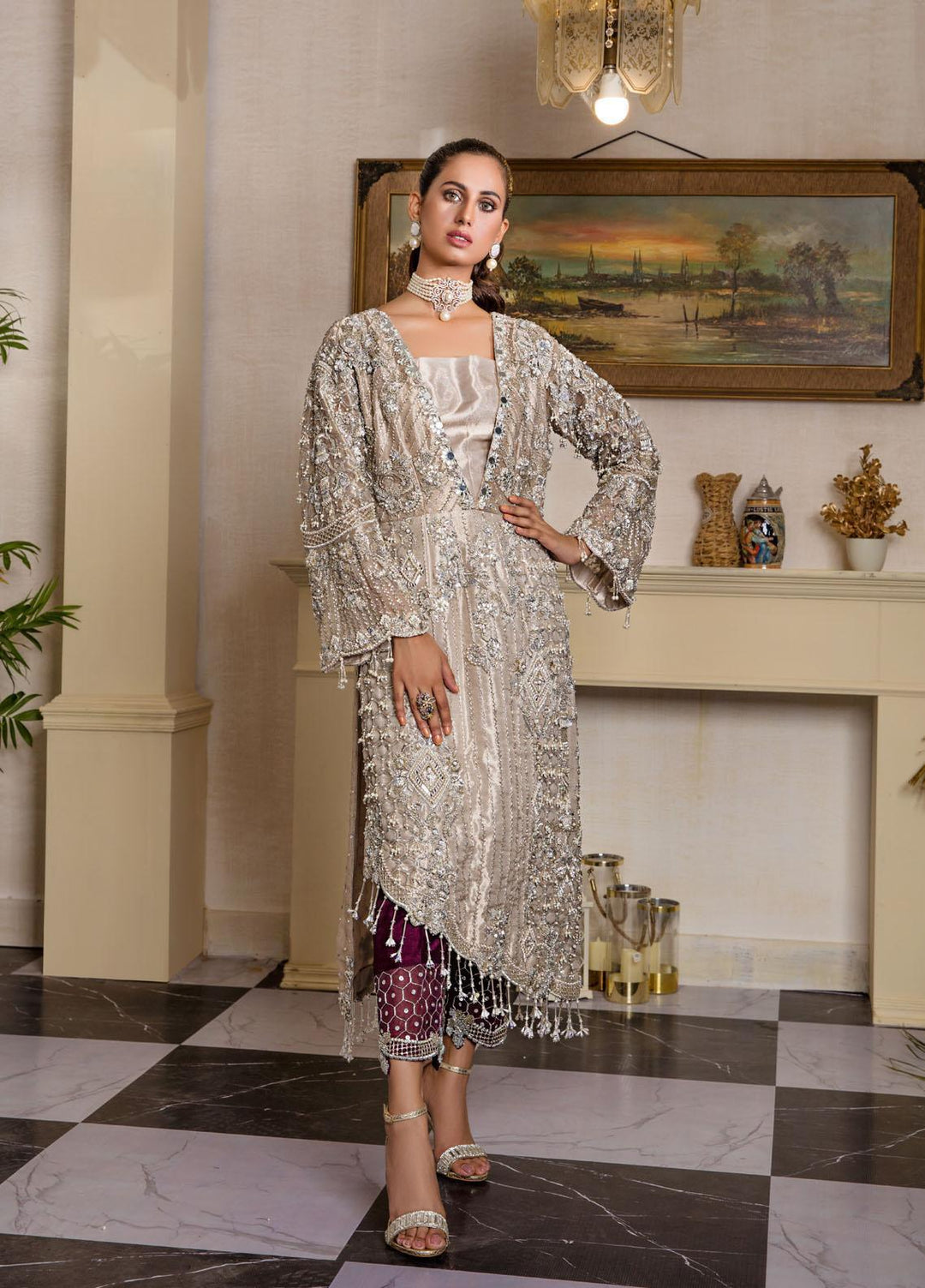 Sadya Sumair Luxury Pret Embroidered Tissue 2 Piece Dress Rose Gold