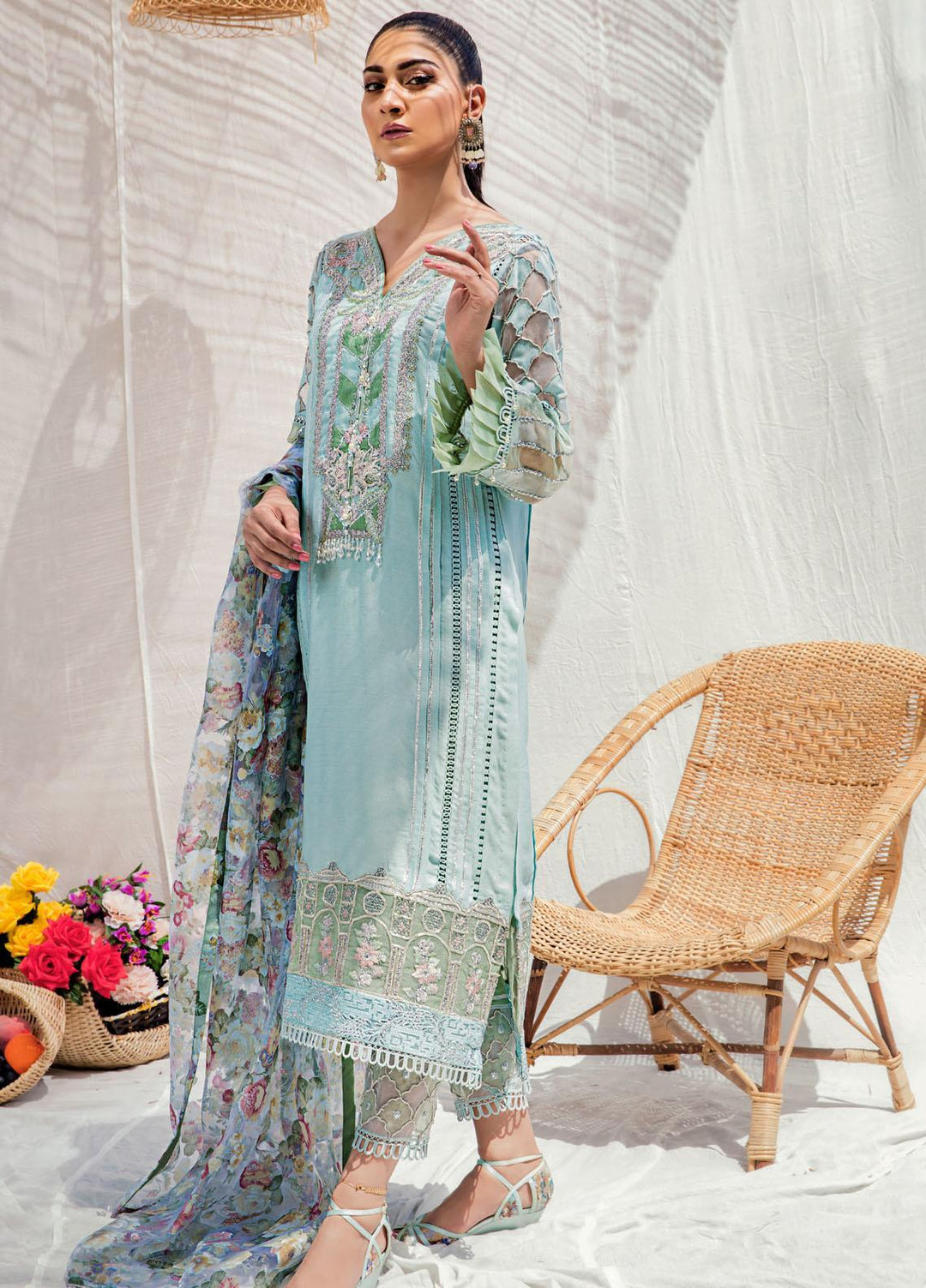 Sadya Sumair Luxury Pret Embroidered Cotton Net 3 Piece Suit Chameli