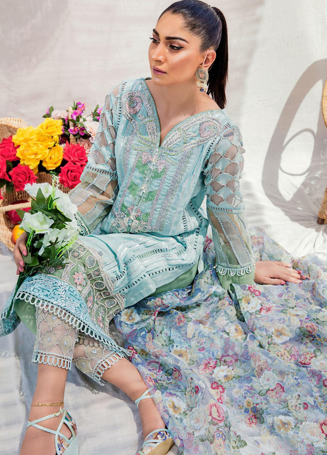 Sadya Sumair Luxury Pret Embroidered Cotton Net 3 Piece Suit Chameli