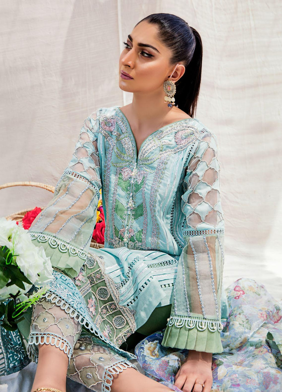 Sadya Sumair Luxury Pret Embroidered Cotton Net 3 Piece Suit Chameli