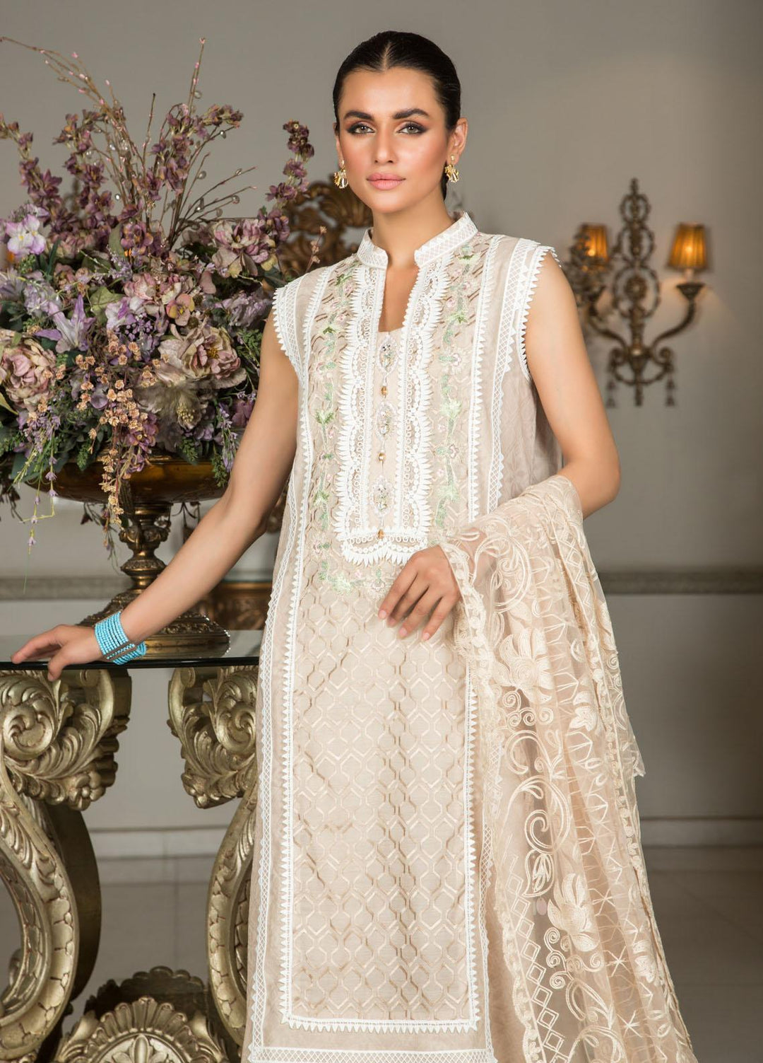 Sadya Sumair Luxury Pret  Cotton 3 Piece Nude