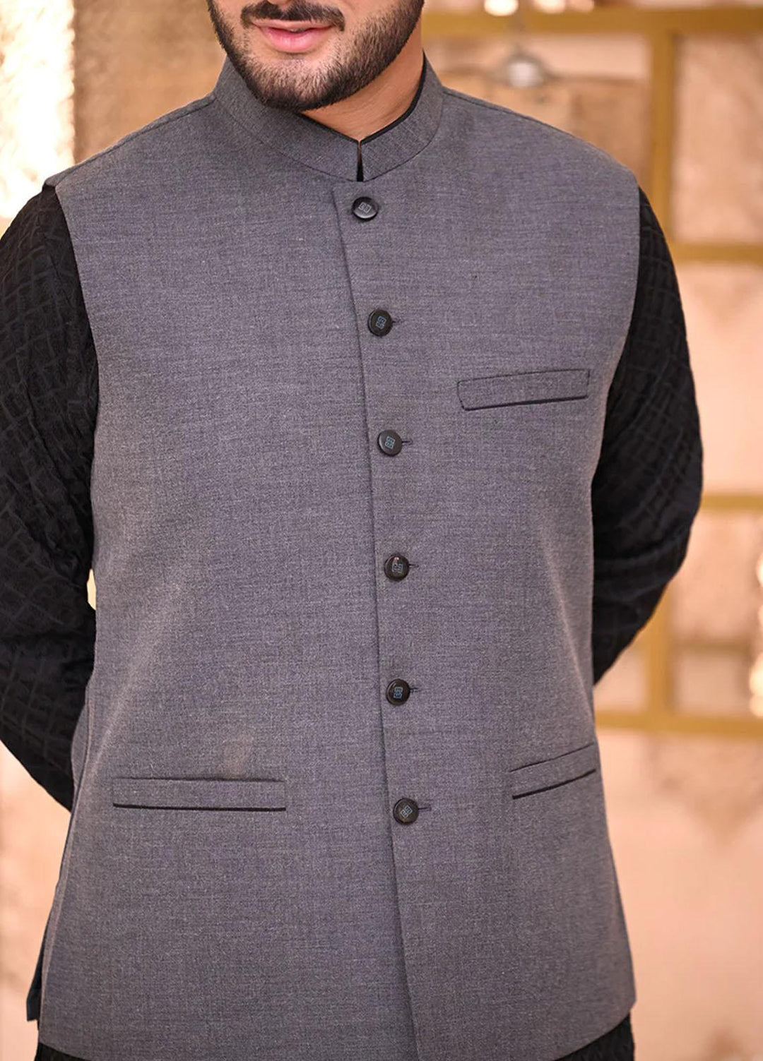 Saeed Ajmal Textured Festive Waistcoat for Men -  10-20-14-1467 Charcoal