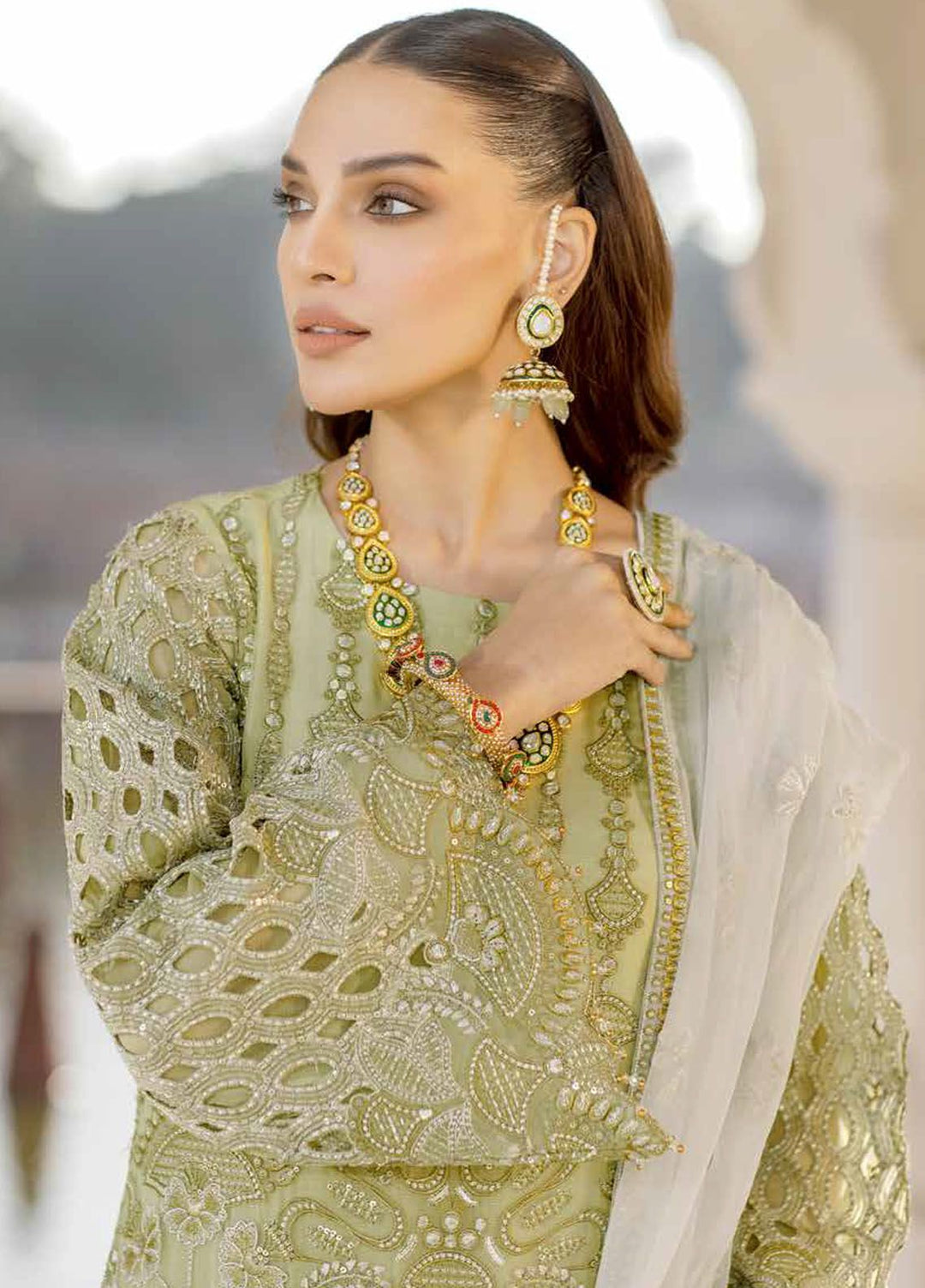 Safeera by Flossie Embroidered Chiffon Suits Unstitched 3 Piece FL24SF S-1301 Honey Haze - Luxury Collection
