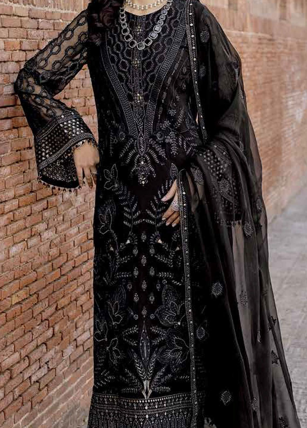 Safeera by Flossie Embroidered Chiffon Suits Unstitched 3 Piece FL24SF S-1302 Dark Veil - Luxury Collection