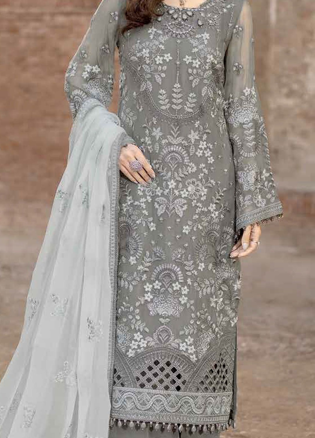 Safeera by Flossie Embroidered Chiffon Suits Unstitched 3 Piece FL24SF S-1308 Stormy Grey - Luxury Collection